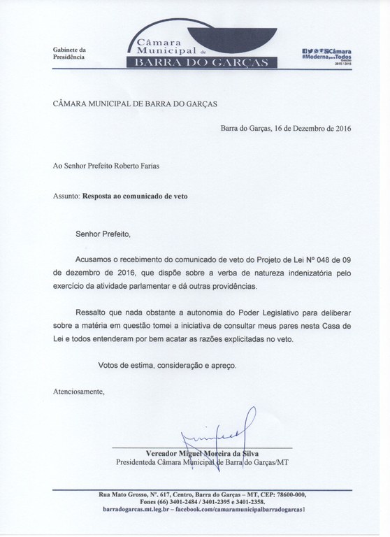 Presidente da Câmara responde ao comunicado de Veto — Câmara Municipal de  Barra do Garças
