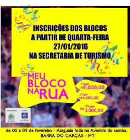 Secretaria de Turismo abre inscrições para blocos de rua que queiram participar do carnaval Araguaia Folia 2016
